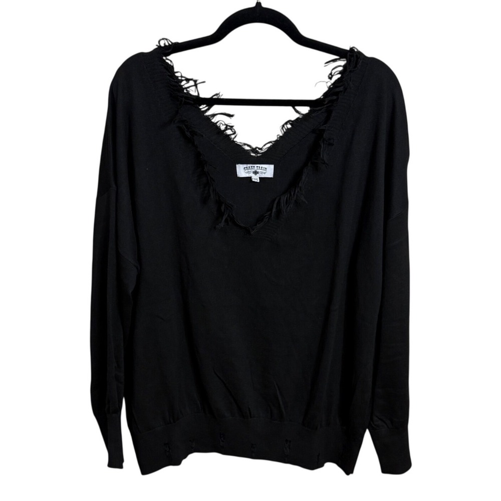 CRAZY TRAIN‎ Black V Neck Distressed Frayed Hem Sweater Top Women's XXXL